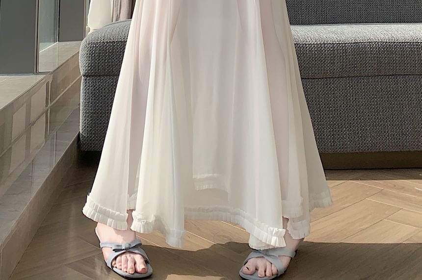 High Waist Plain Frill Trim Sheer Maxi Mermaid Skirt