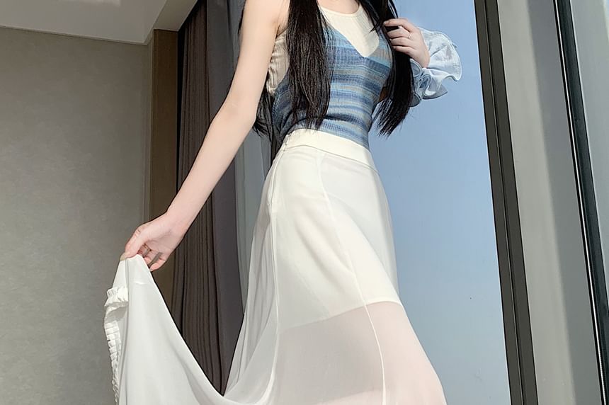 High Waist Plain Frill Trim Sheer Maxi Mermaid Skirt