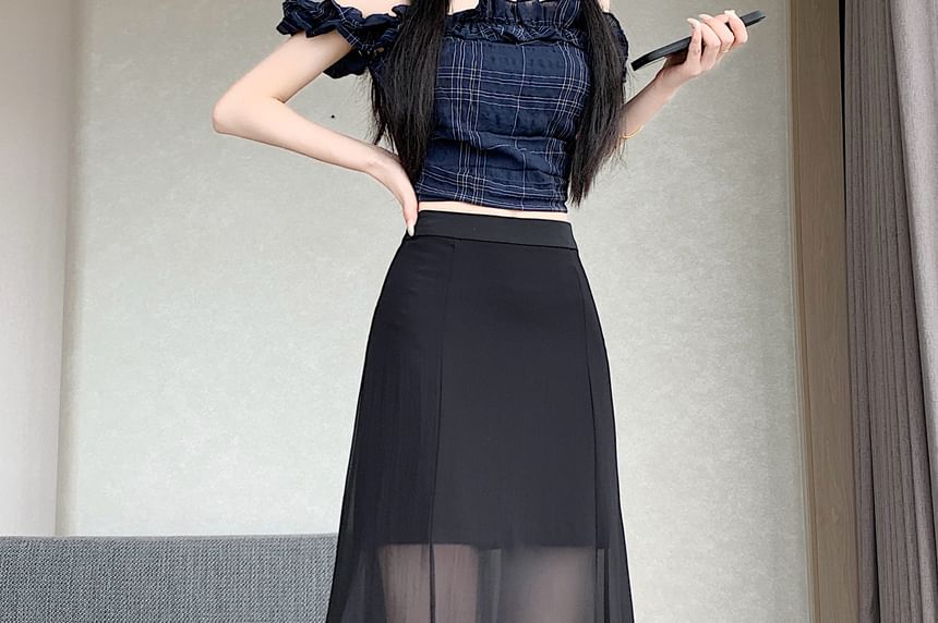 High Waist Plain Frill Trim Sheer Maxi Mermaid Skirt