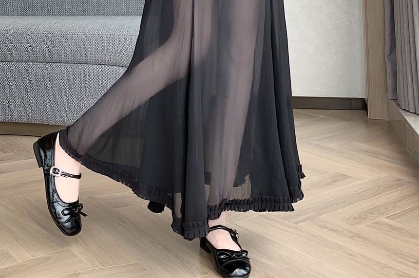High Waist Plain Frill Trim Sheer Maxi Mermaid Skirt