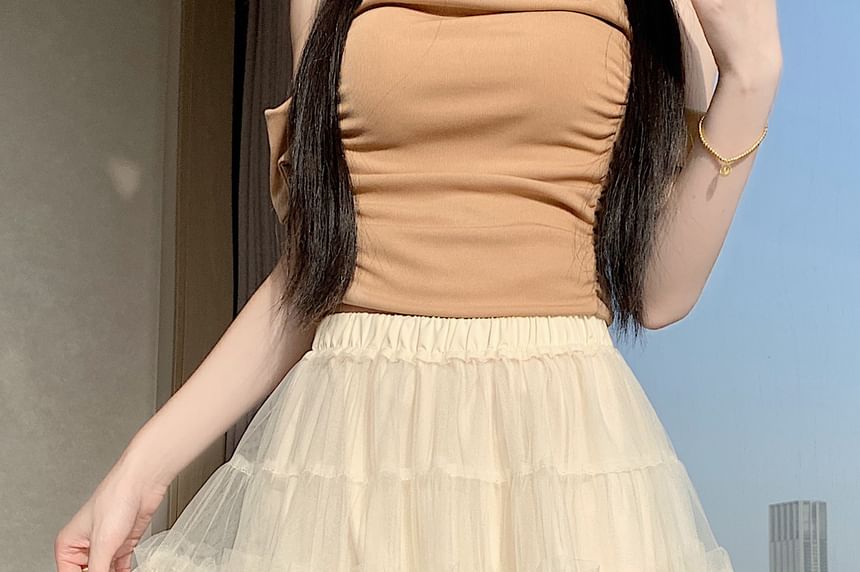 High Waist Plain Frill Trim Mesh Mini A-Line Skirt
