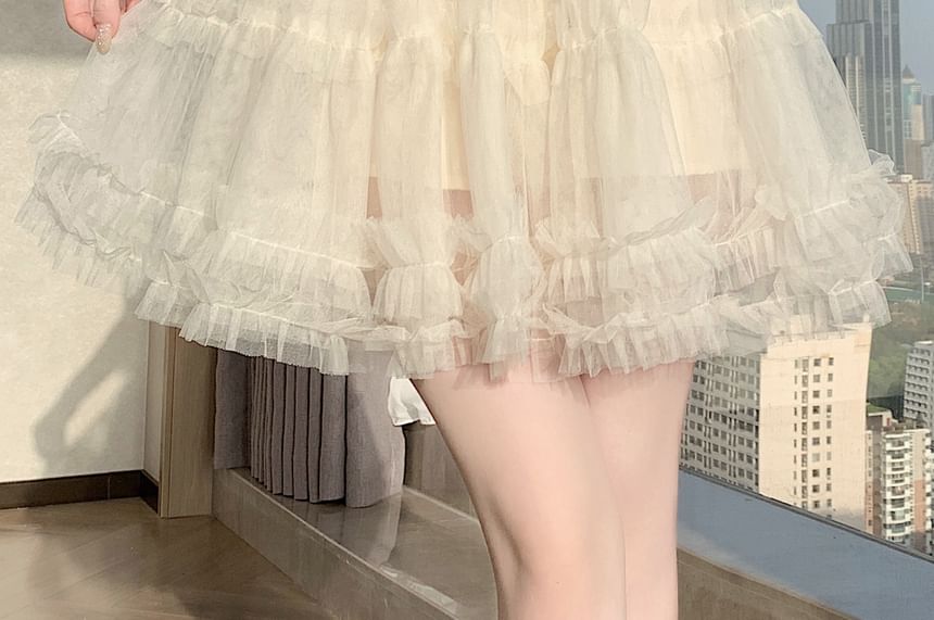 High Waist Plain Frill Trim Mesh Mini A-Line Skirt