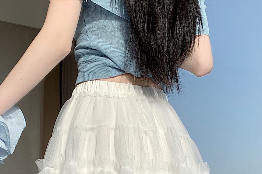 High Waist Plain Frill Trim Mesh Mini A-Line Skirt