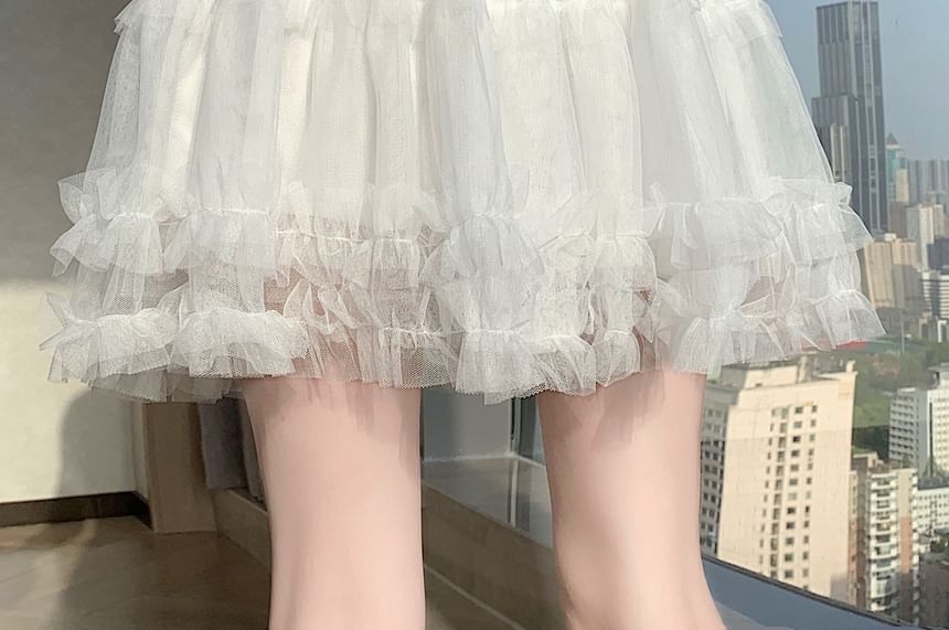 High Waist Plain Frill Trim Mesh Mini A-Line Skirt