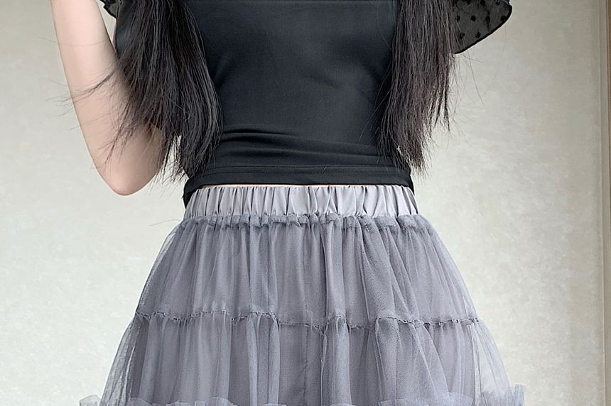 High Waist Plain Frill Trim Mesh Mini A-Line Skirt