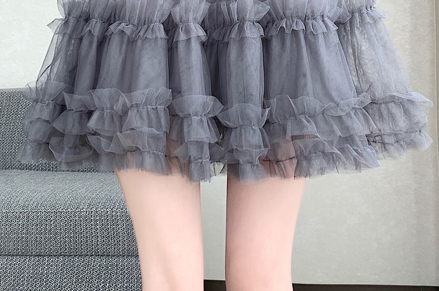 High Waist Plain Frill Trim Mesh Mini A-Line Skirt