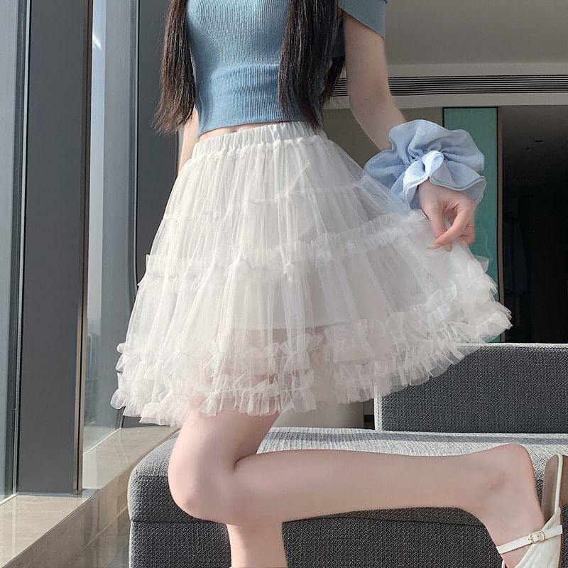High Waist Plain Frill Trim Mesh Mini A-Line Skirt