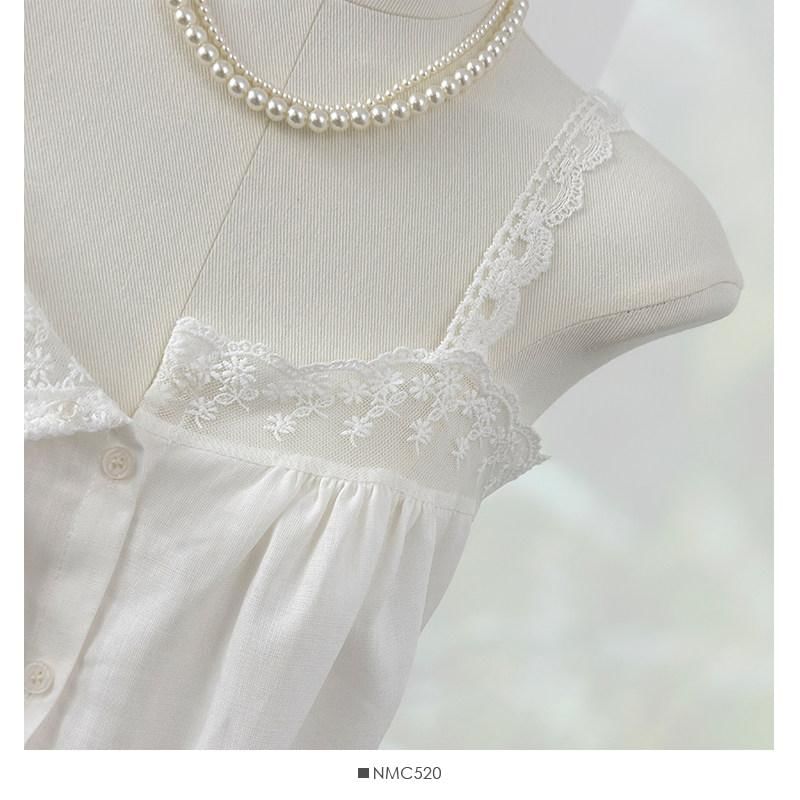 Sleeveless Lace Trim Button-Up Plain Flowy Top