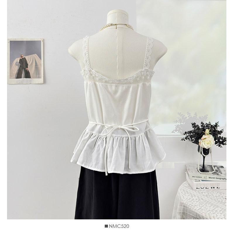 Sleeveless Lace Trim Button-Up Plain Flowy Top