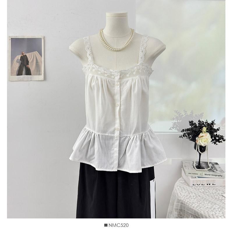 Sleeveless Lace Trim Button-Up Plain Flowy Top