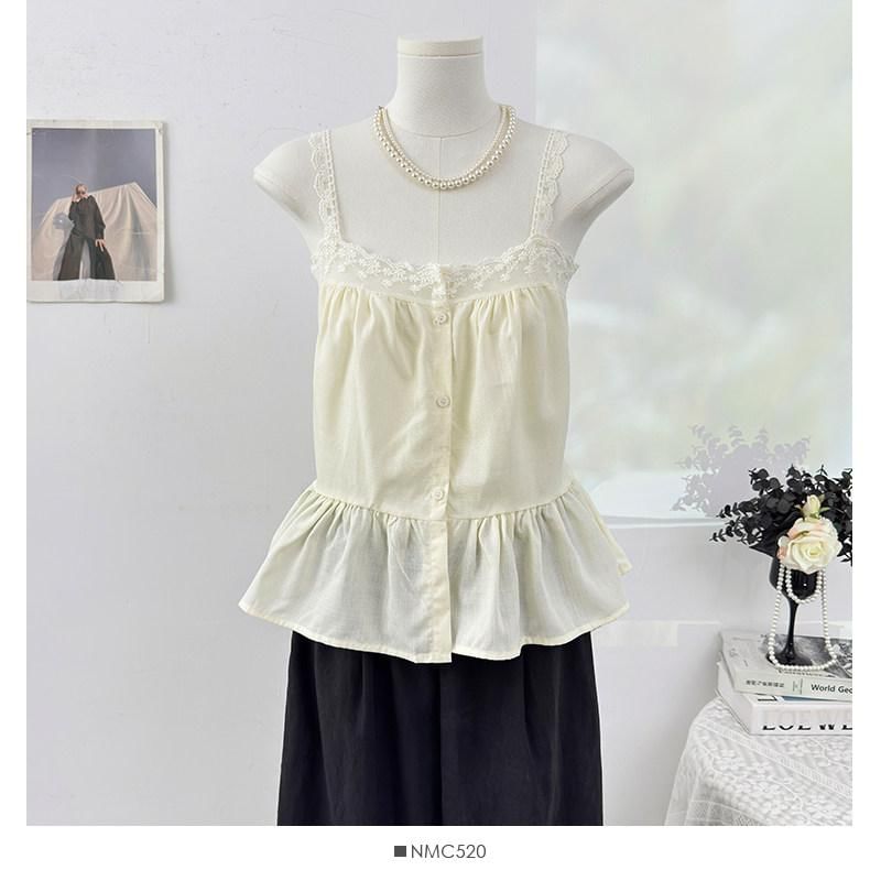 Sleeveless Lace Trim Button-Up Plain Flowy Top