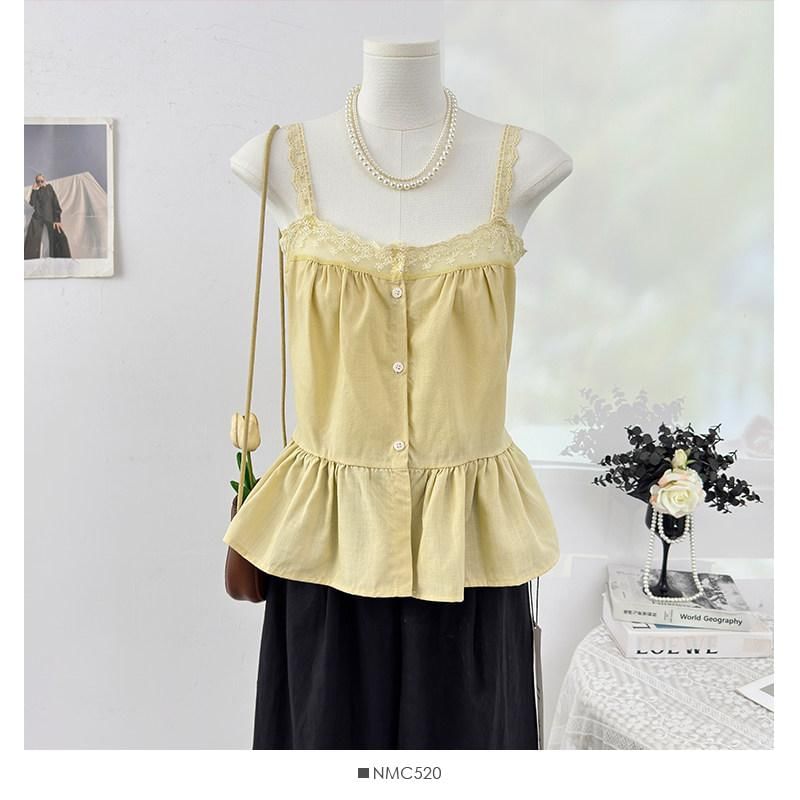 Sleeveless Lace Trim Button-Up Plain Flowy Top