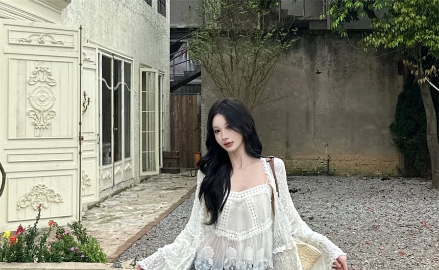Spaghetti Strap V-Neck Plain Lace Camisole Top / Lace Long Light Jacket