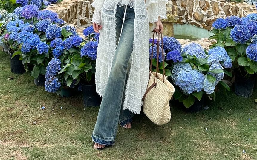 Spaghetti Strap V-Neck Plain Lace Camisole Top / Lace Long Light Jacket