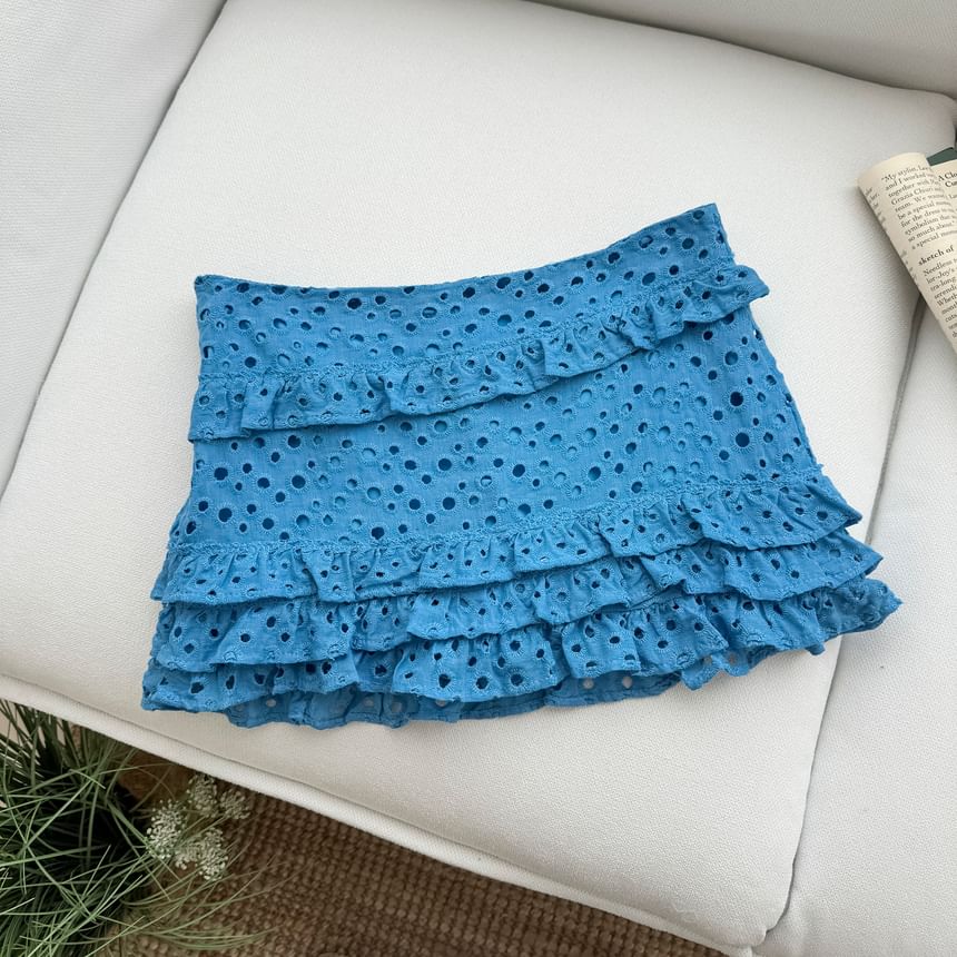 Sleeveless Square Neck Plain Ruffle Trim Crop Top / Mid Rise Ruffle Trim Mini A-Line Skirt