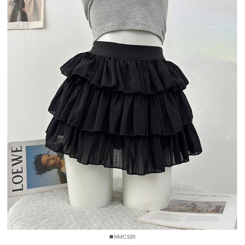 High Waist Plain Tiered Ruffle Mini A-Line Skirt