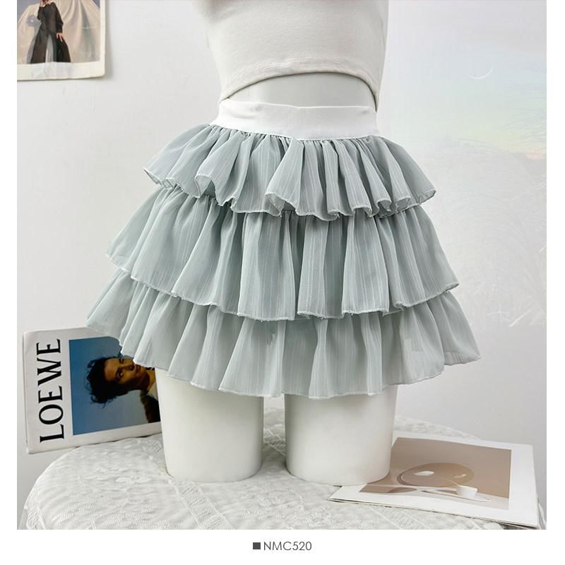 High Waist Plain Tiered Ruffle Mini A-Line Skirt