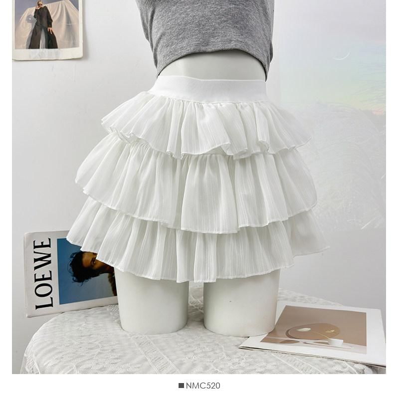 High Waist Plain Tiered Ruffle Mini A-Line Skirt