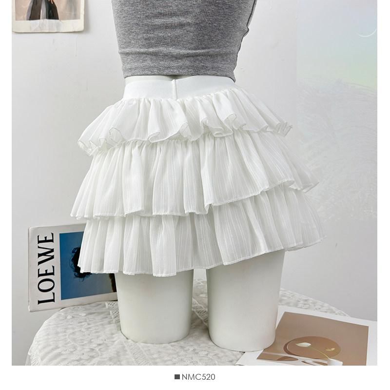High Waist Plain Tiered Ruffle Mini A-Line Skirt