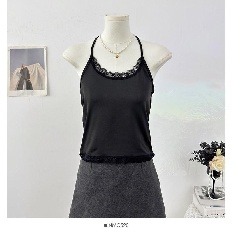 Halter Neck Lace Trim Open Back Crop Top