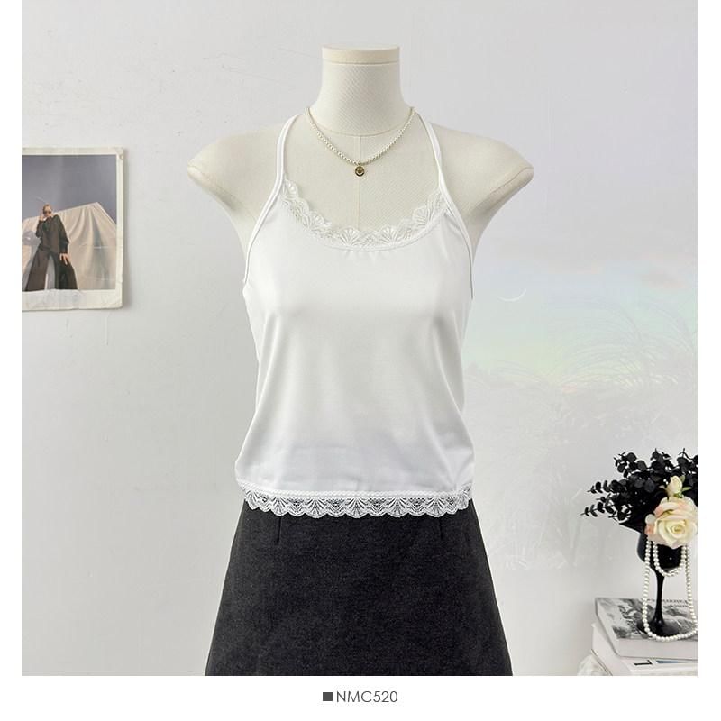 Halter Neck Lace Trim Open Back Crop Top