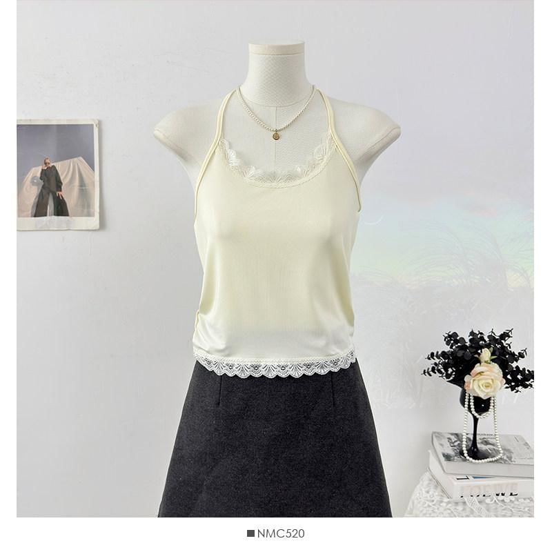Halter Neck Lace Trim Open Back Crop Top