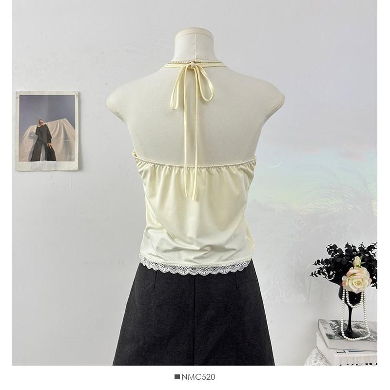 Halter Neck Lace Trim Open Back Crop Top