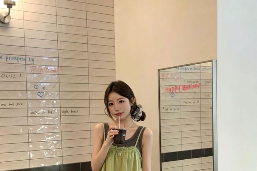 Lace-Trim A-Line Camisole & Plain Tank Top Set