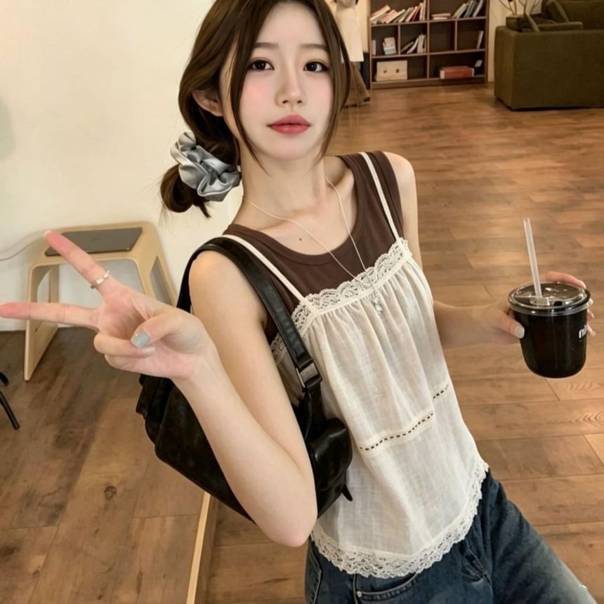Lace-Trim A-Line Camisole & Plain Tank Top Set
