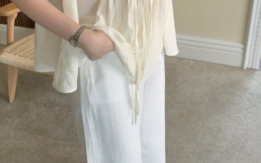 Tie-Neck Pleated Loose-Fit Short Sleeve Blouse