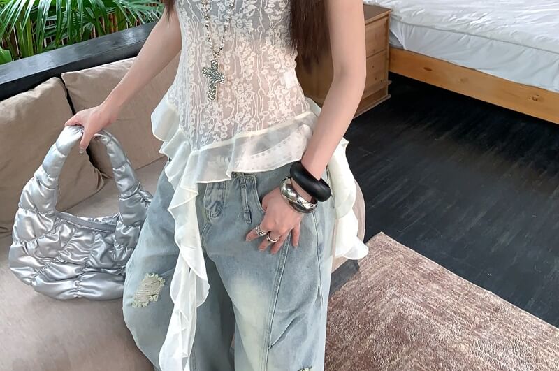 Scoop Neck Floral Ruffle Asymmetrical Lace Tank Top