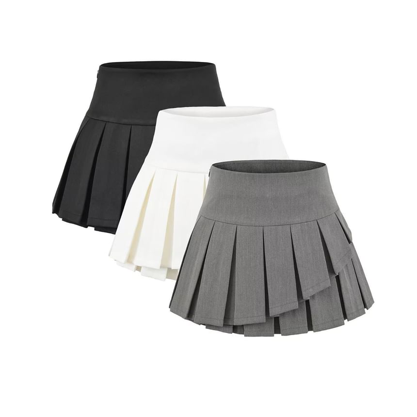 High Waist Plain Asymmetrical Pleated Mini A-Line Skirt
