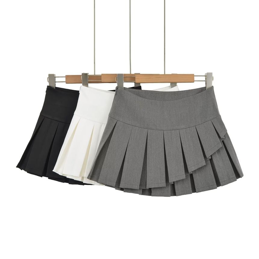 High Waist Plain Asymmetrical Pleated Mini A-Line Skirt
