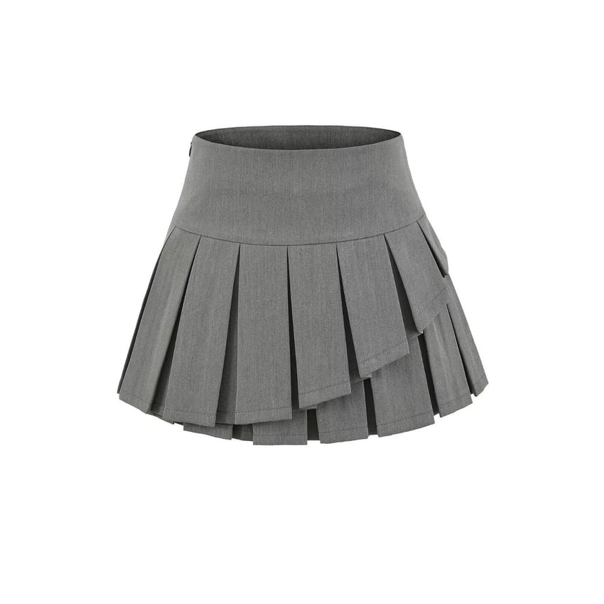 High Waist Plain Asymmetrical Pleated Mini A-Line Skirt