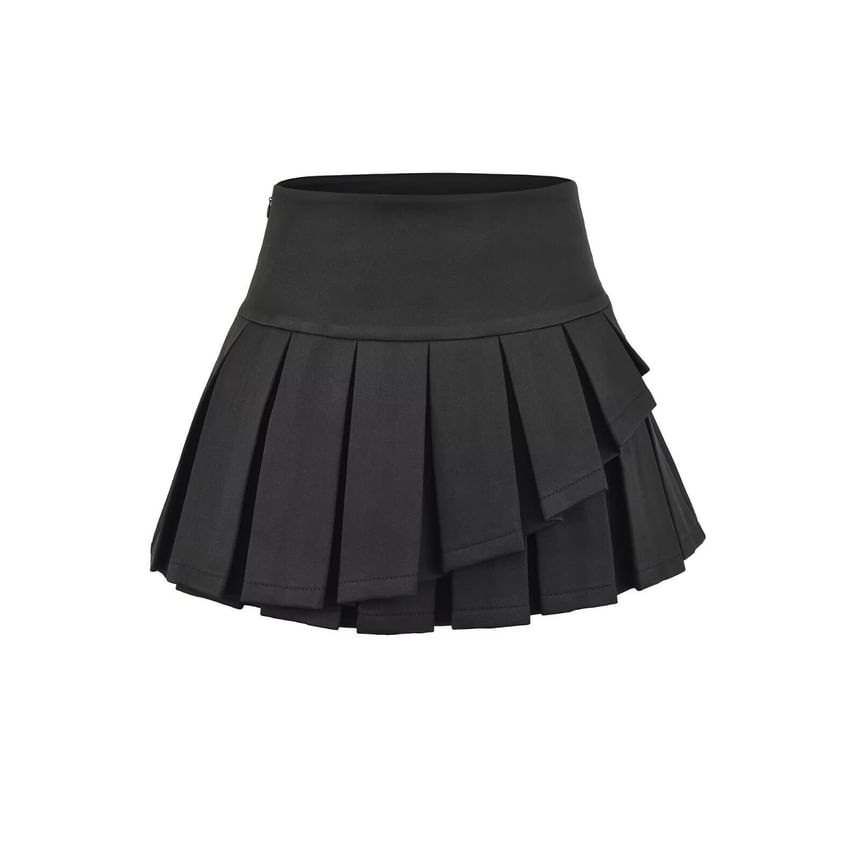 High Waist Plain Asymmetrical Pleated Mini A-Line Skirt
