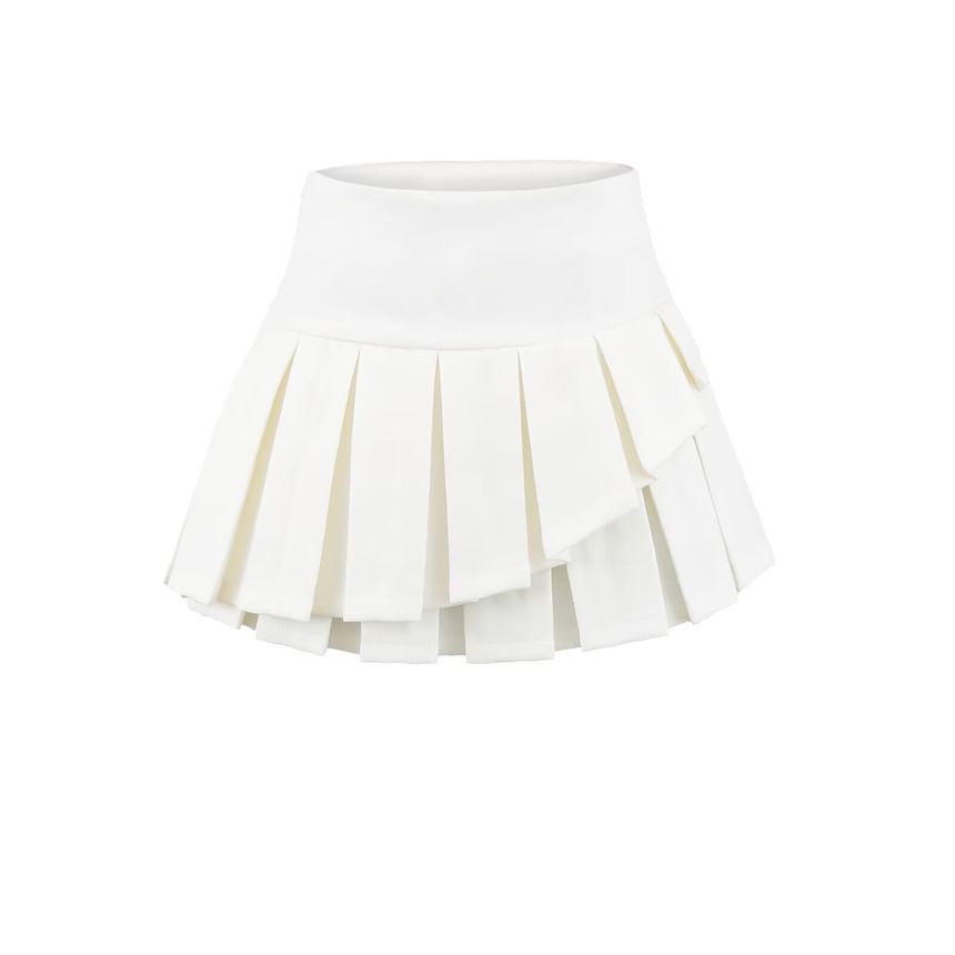 High Waist Plain Asymmetrical Pleated Mini A-Line Skirt