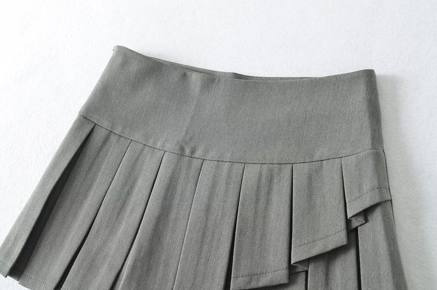 High Waist Plain Asymmetrical Pleated Mini A-Line Skirt