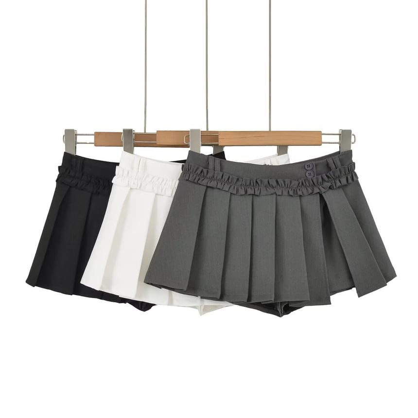 Mid Rise Plain Ruffle Trim Mini Pleated Skirt