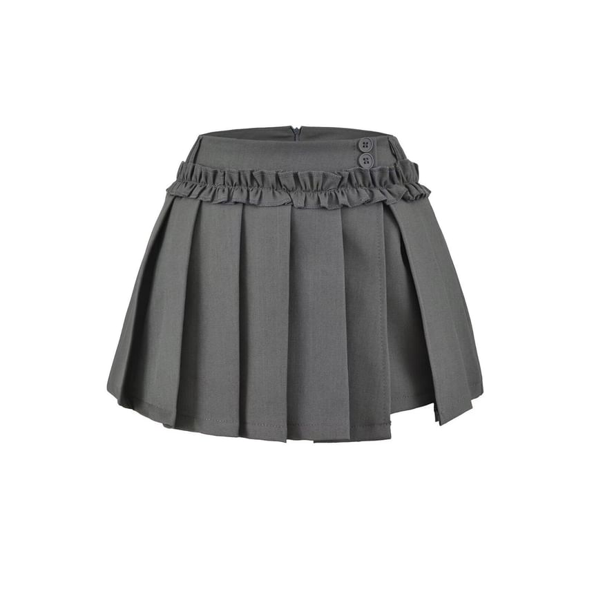 Mid Rise Plain Ruffle Trim Mini Pleated Skirt