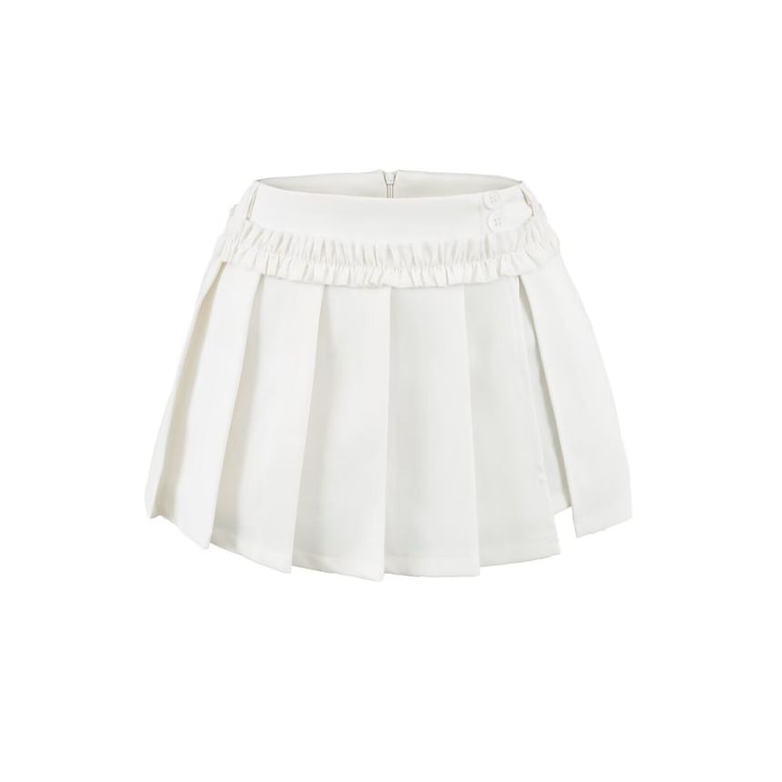 Mid Rise Plain Ruffle Trim Mini Pleated Skirt