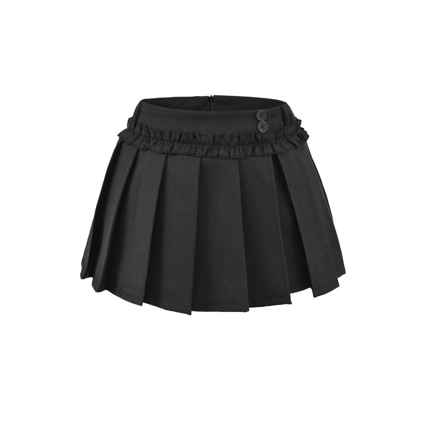 Mid Rise Plain Ruffle Trim Mini Pleated Skirt