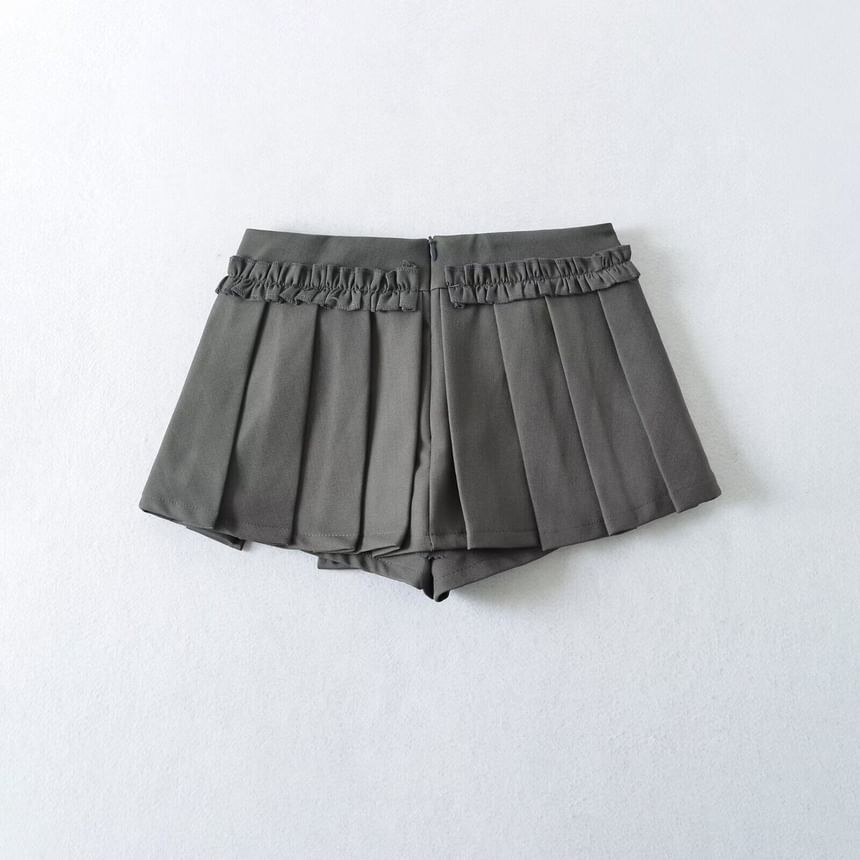Mid Rise Plain Ruffle Trim Mini Pleated Skirt