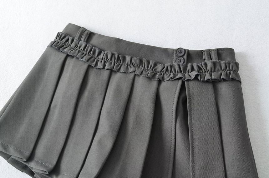 Mid Rise Plain Ruffle Trim Mini Pleated Skirt