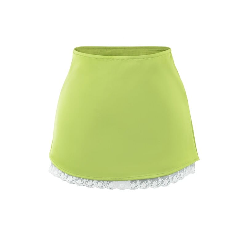High Waist Lace Trim Satin Mini A-Line Skirt
