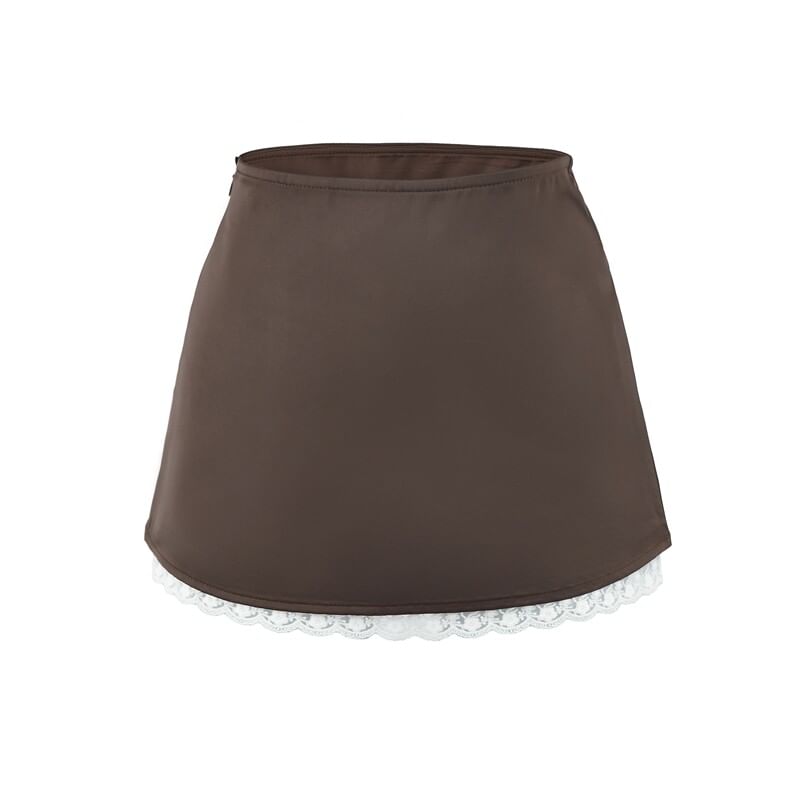 High Waist Lace Trim Satin Mini A-Line Skirt