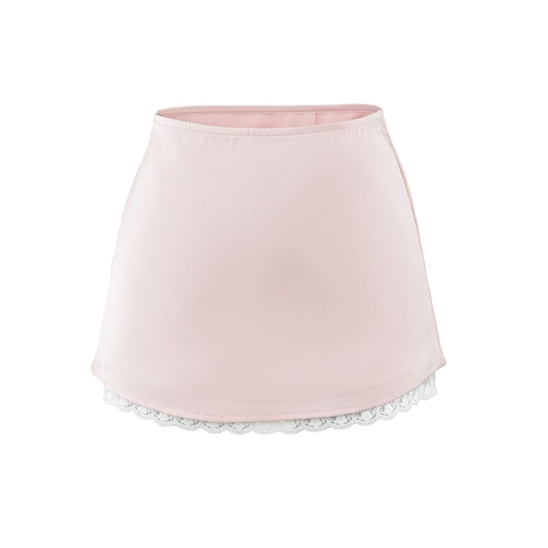 High Waist Lace Trim Satin Mini A-Line Skirt