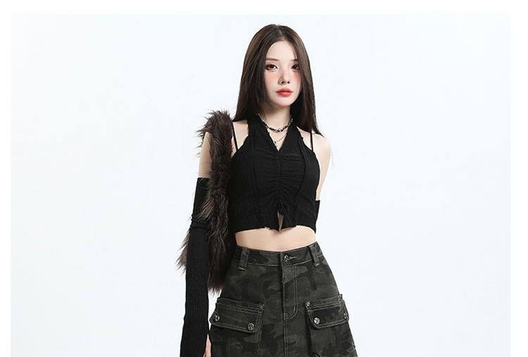 High Waist Camo Print Denim Mini A-Line Cargo Skirt