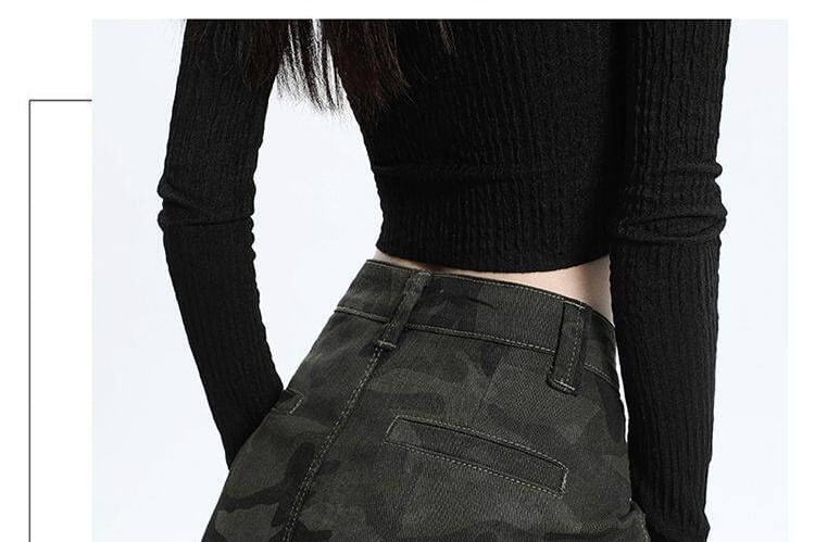 High Waist Camo Print Denim Mini A-Line Cargo Skirt