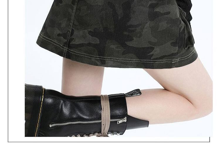 High Waist Camo Print Denim Mini A-Line Cargo Skirt