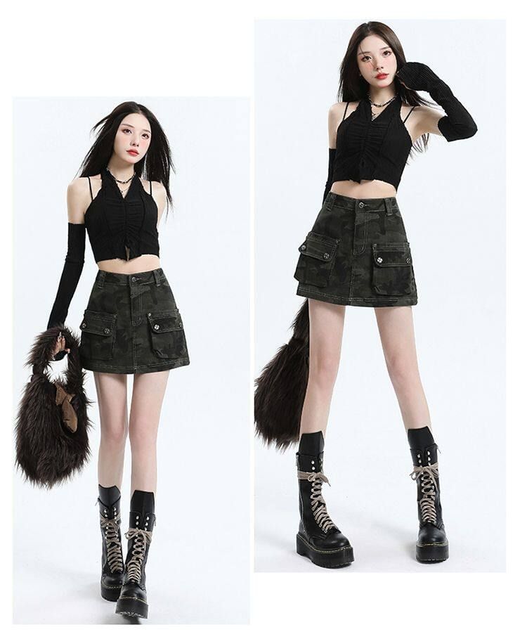 High Waist Camo Print Denim Mini A-Line Cargo Skirt